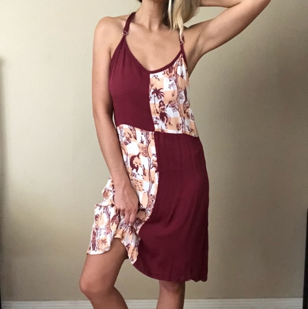 Agyness Deyn Dr Martens Burgundy And Beige Hawaiian Tropical Patterned Dress Xs